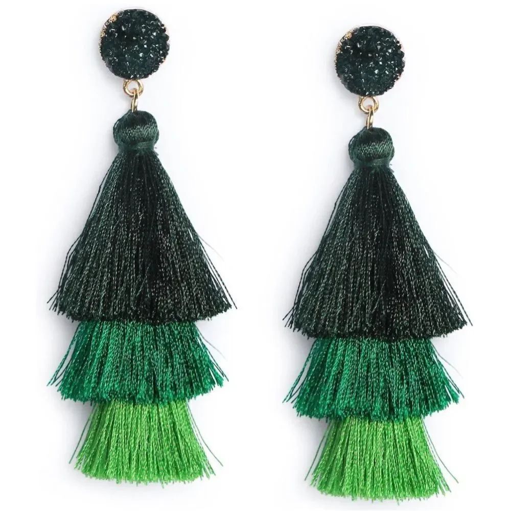 14K Yellow Gold with Dark Green Ombre Silk Thread Tassel Quartz Druzy Earrings